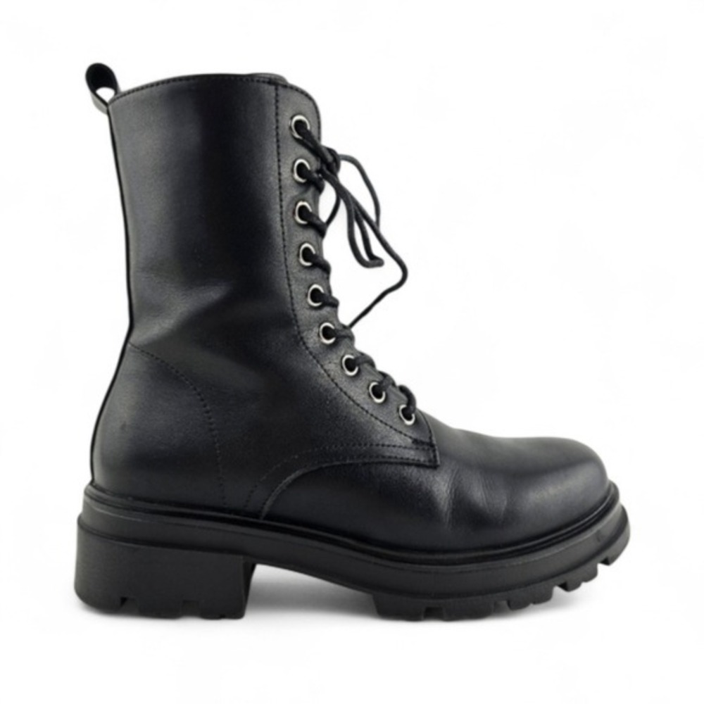 Aqua Diva Women's Waterproof Black Leather Lace Up Side Zip Chunky Moto Boot 36